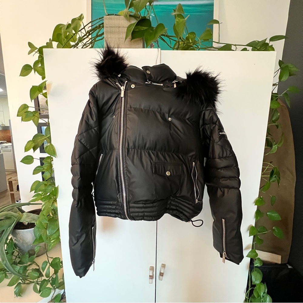 Black Maniére de Voir Puffer Jacket with Fur Trim